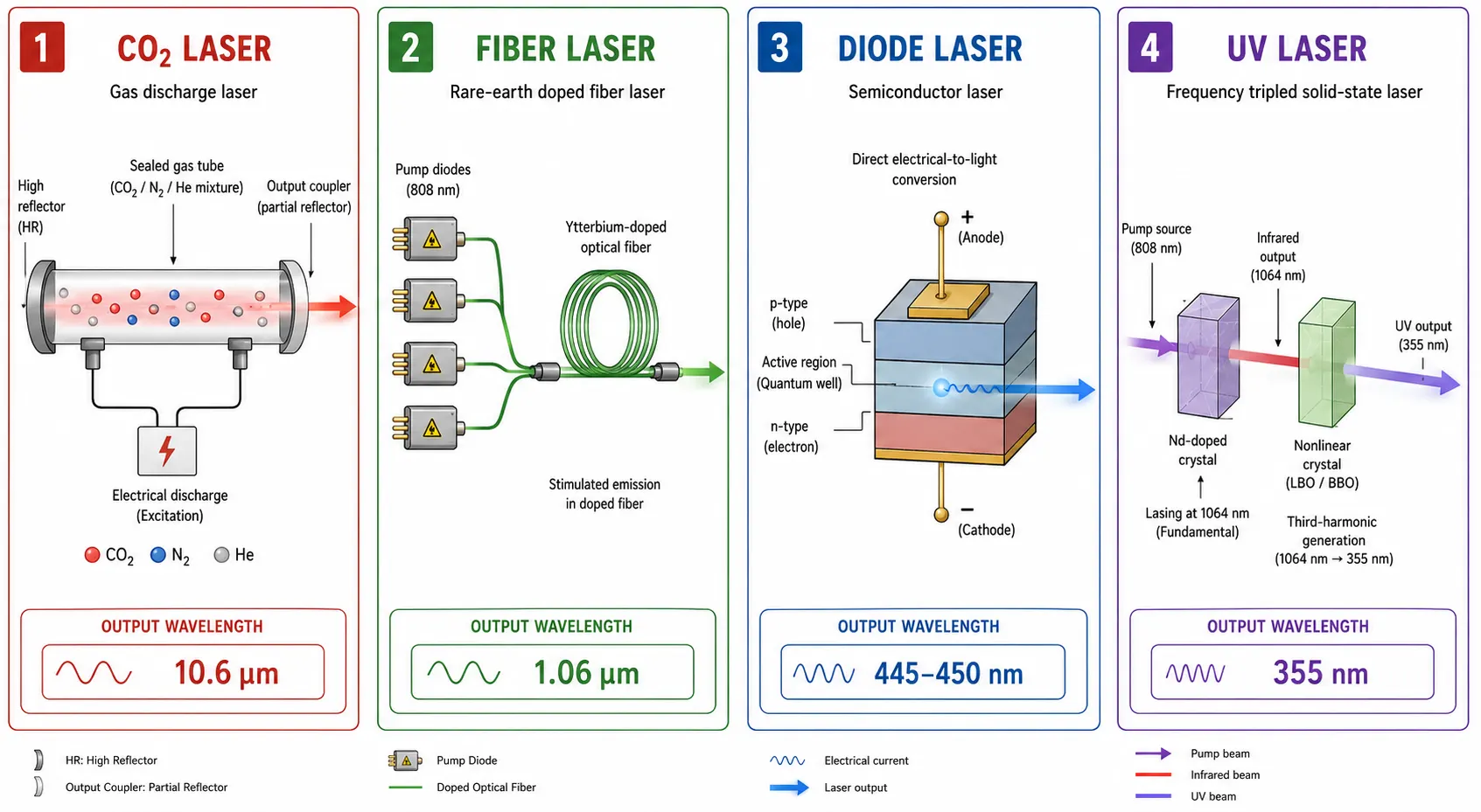 Comparison diagram of CO2, fiber, diode, and UV laser beam generation mechanisms